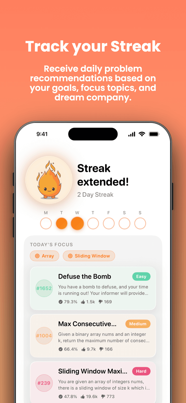 Track your streak with daily problem recommendations