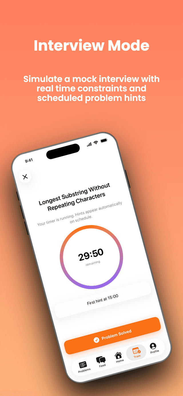Interview mode with countdown timer and hints